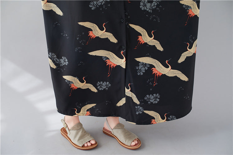 Summer Stand Collar Crane Print Plus Sizes Women Long Shirt Dresses-Dresses-JEWELRYSHEOWN