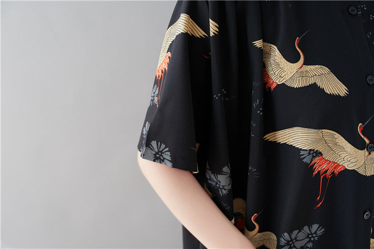 Summer Stand Collar Crane Print Plus Sizes Women Long Shirt Dresses-Dresses-JEWELRYSHEOWN