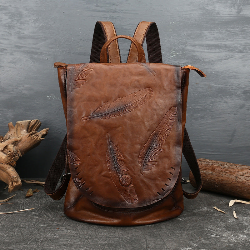 Women Vintage Emlossing Cowhide Leather Backpack 9043-Leatehr Backpack-Brown-Free Shipping Leatheretro
