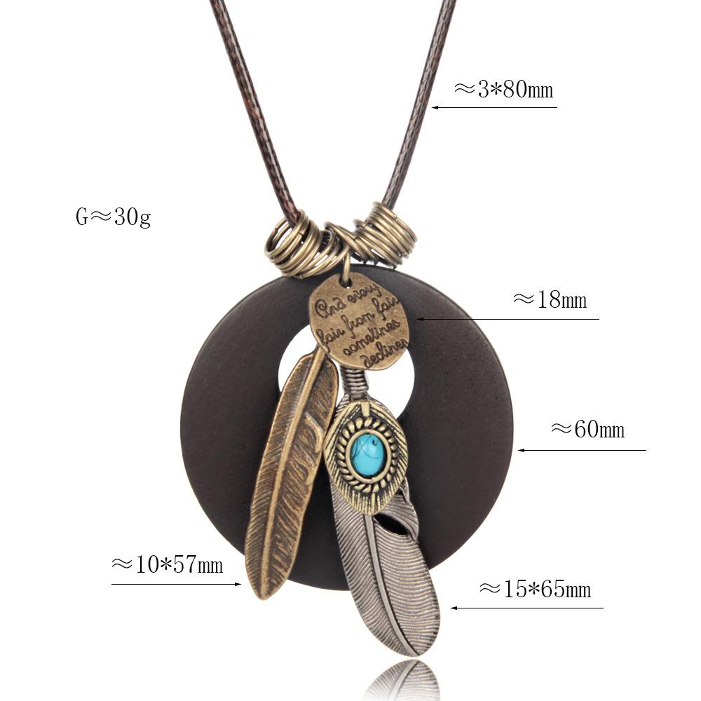 Ethnic Vintage Feather Round Wood Long Sweater Chains-Chains-JEWELRYSHEOWN