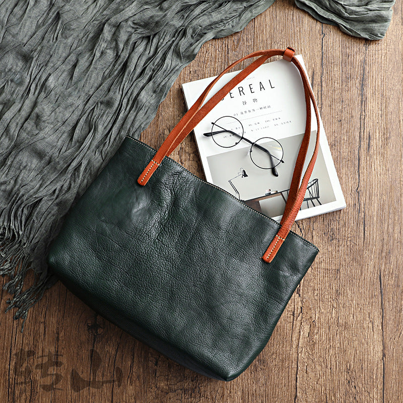 Women Vintage Vegetable Tanned Leather Tote Handbags 2001-Leather Tote Bags-Green-Free Shipping Leatheretro