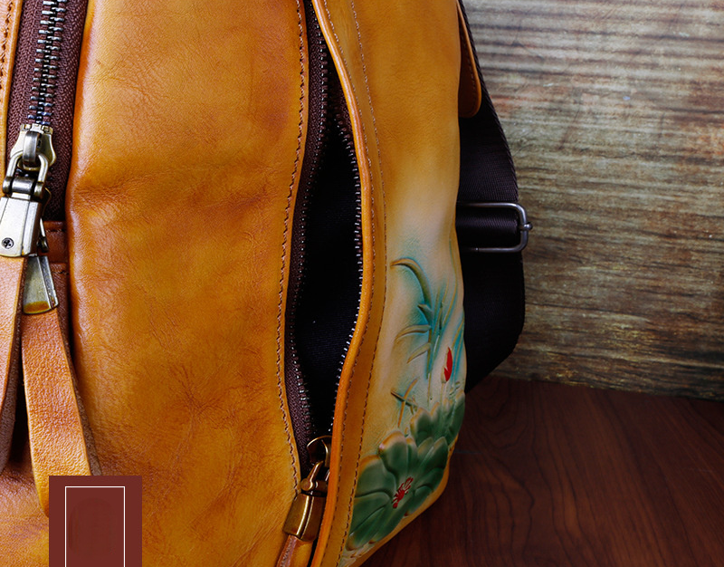 Vintage Floral Embossing Leather Backpack for Women C311-Leather Backpack for Women-Yellow-Free Shipping Leatheretro