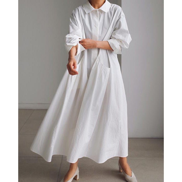 Urban White Lapel Long Shirt Dress-Maxi Dress-JEWELRYSHEOWN