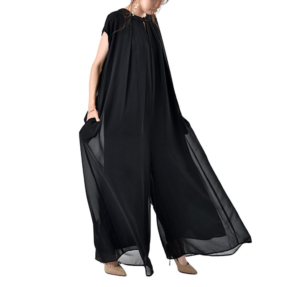 Black Chiffon Casual Long Jumpsuits for Women-Suits-JEWELRYSHEOWN
