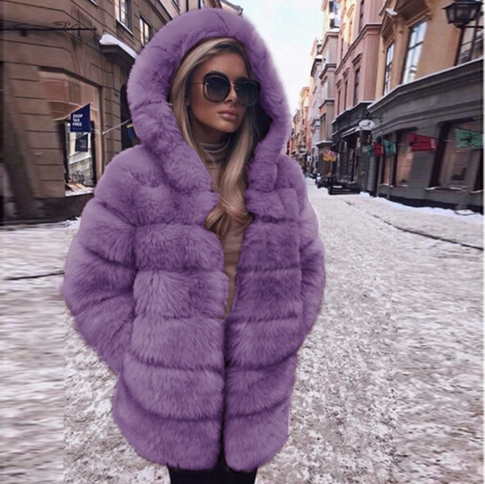 Fashion Artificial Fox Fur Long Overcoat with Hat
