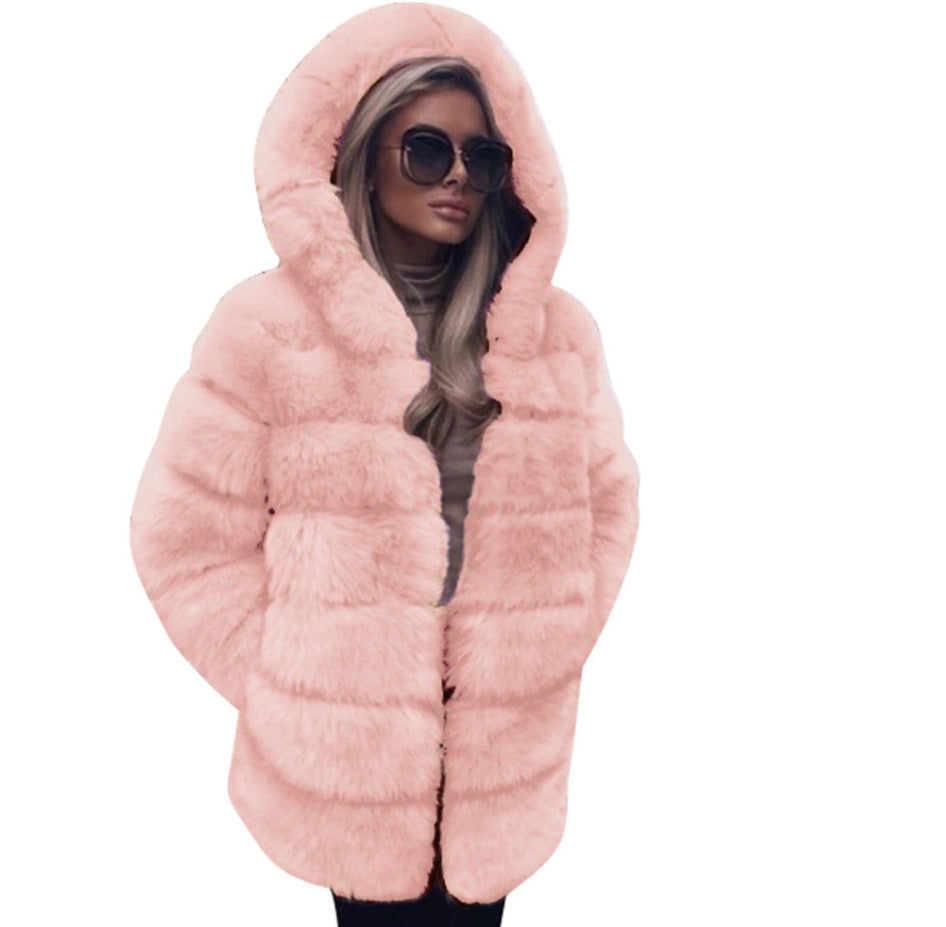 Fashion Artificial Fox Fur Long Overcoat with Hat