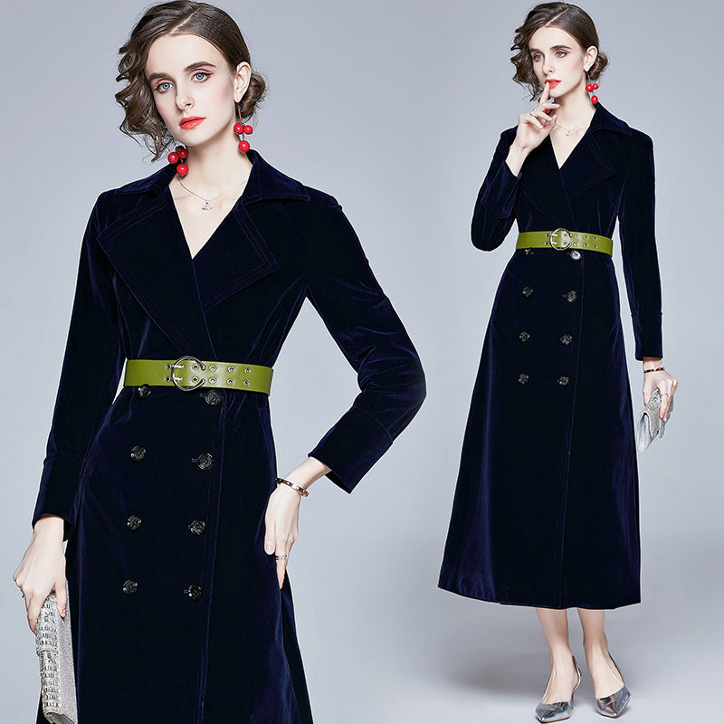 Winter Luxury Velvet Double Breasted Long Overcoat