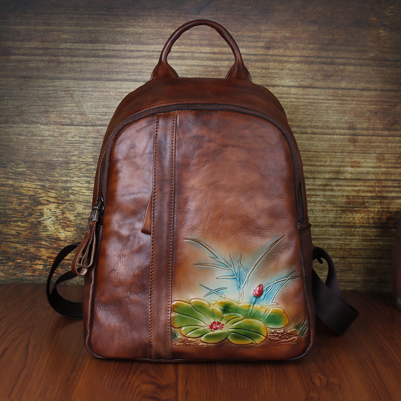 Vintage Floral Embossing Leather Backpack for Women C311-Leather Backpack for Women-Coffee-Free Shipping Leatheretro
