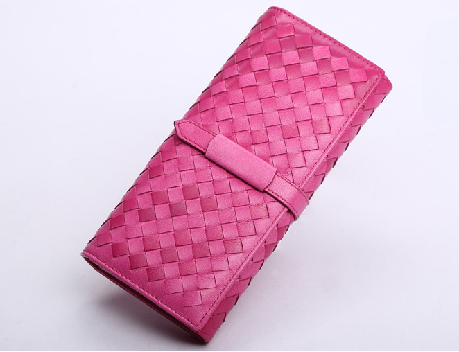 Fashion Woven Leather Long Wallet for Women 668-Handbags, Wallets & Cases-Rose Red-Free Shipping Leatheretro