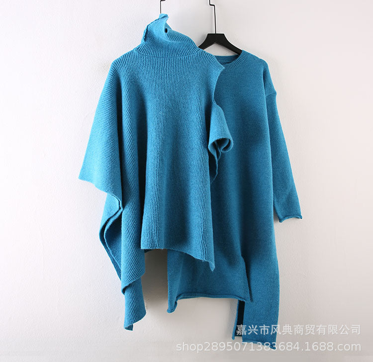 Casual High Neck Knitted Capes & Long Sweaters