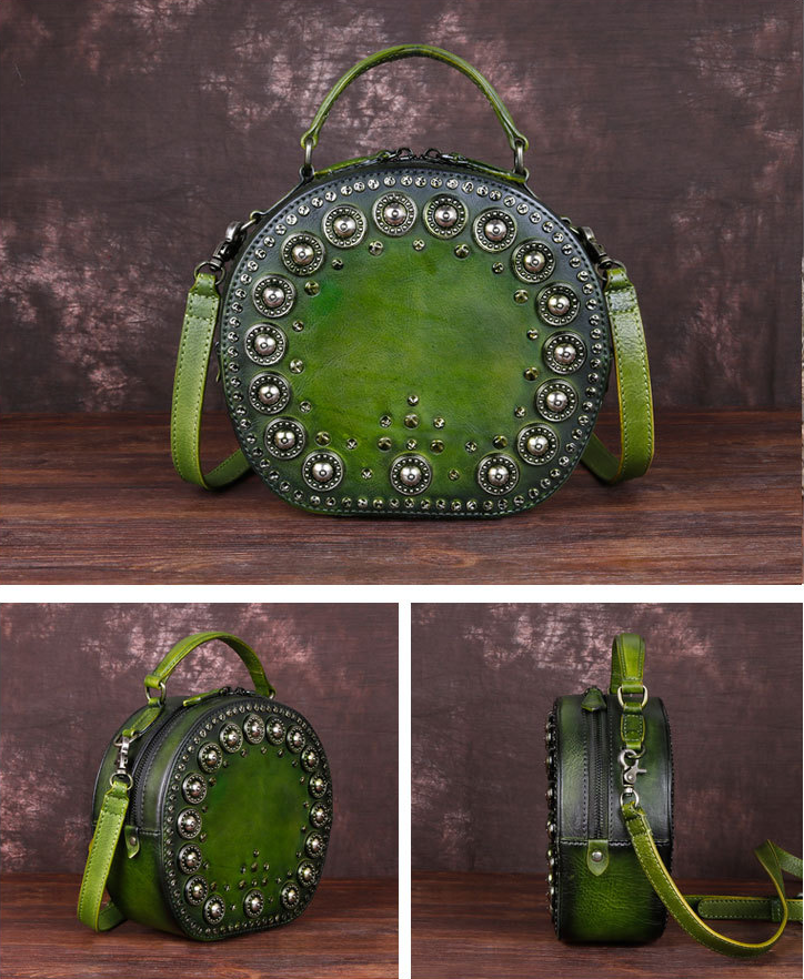 Vintage Handmade Rivet Cute Round Shape Leather Bags 8093-Leather Bags for Women-Red-Free Shipping Leatheretro
