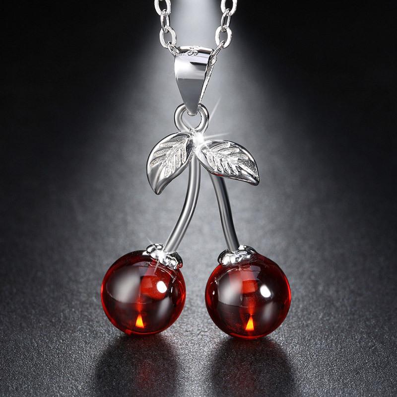 Agate Cherry Design Sterling Sliver Necklace-Necklaces-JEWELRYSHEOWN