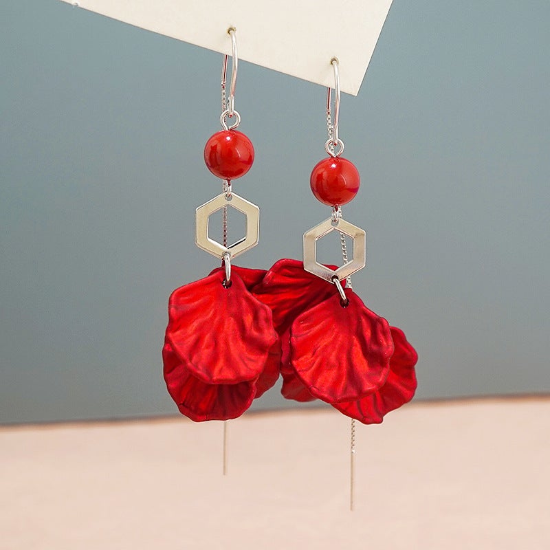 Red Petal Design Women Sterling Silver Dangle Earrings-Earrings-JEWELRYSHEOWN