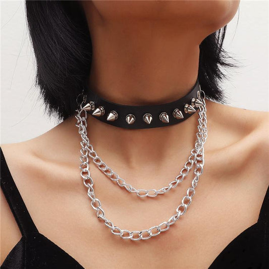 Black Punk Style Rivet Design Clavicle Chain-Necklaces-JEWELRYSHEOWN