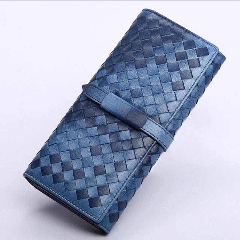 Fashion Woven Leather Long Wallet for Women 668-Handbags, Wallets & Cases-Blue-Free Shipping Leatheretro