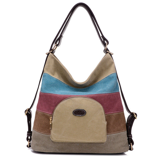 Constract Rainbow Design Canvas Tote Bags for Women K-839-Handbags-Khaki-Free Shipping Leatheretro
