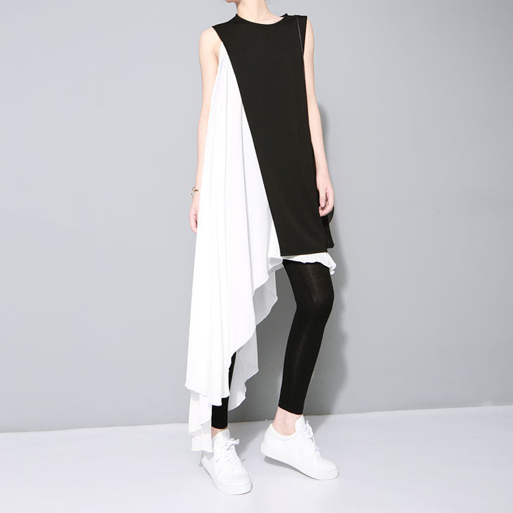 Black Whiter Irrgular White Dress and Black Vest Set for Women