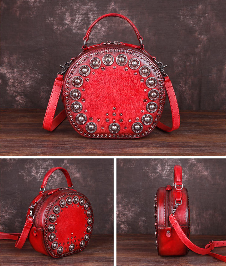 Vintage Handmade Rivet Cute Round Shape Leather Bags 8093-Leather Bags for Women-Red-Free Shipping Leatheretro