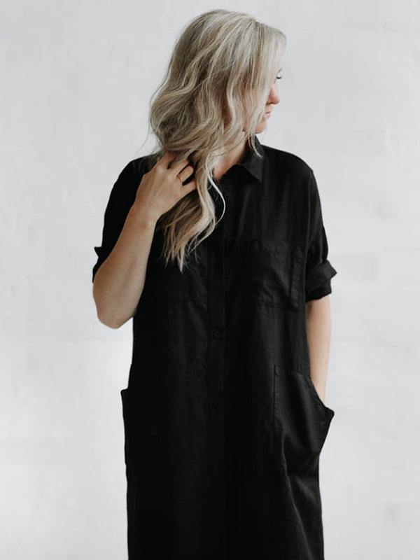 Simple Split-Side Lapel Long Shirt Dress-Maxi Dress-JEWELRYSHEOWN