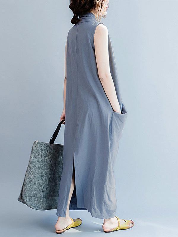 Loose Gray-blue Cropped Pockets Long Dress-Maxi Dress-JEWELRYSHEOWN
