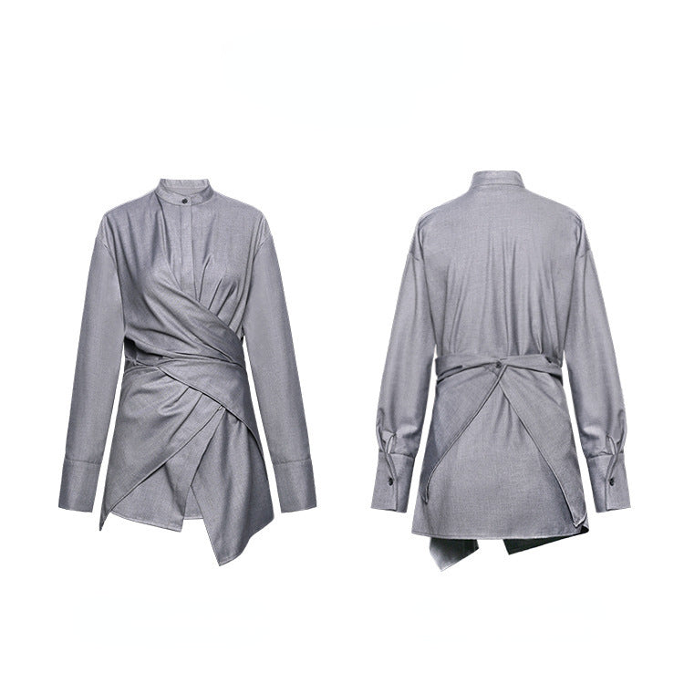 Designed Stand Collor Irregular Women Long Sleeves Shirts