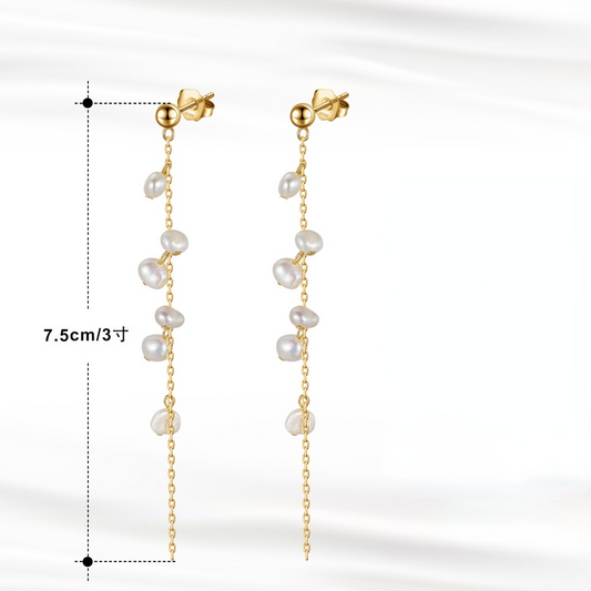 String Beads Pearl Gold Plated Sterling Silver Drop Earrings-Earrings-JEWELRYSHEOWN