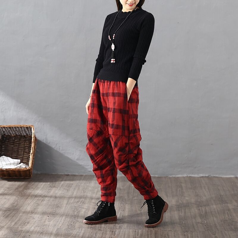 Vintage Plaid Cotton-padded Trousers for Women