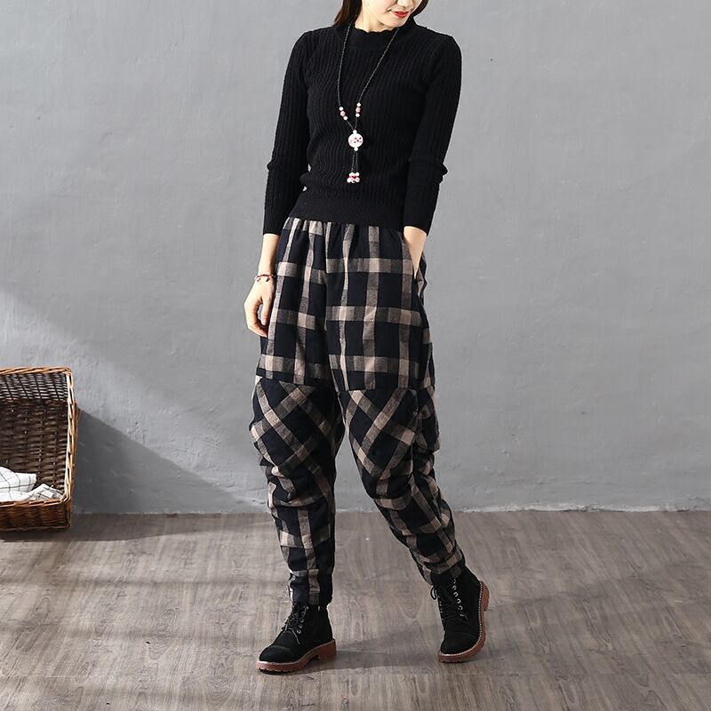 Vintage Plaid Cotton-padded Trousers for Women