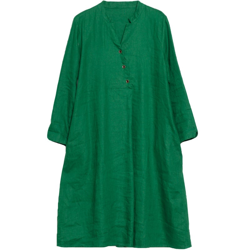Vintage Linen Women V Neck Long Shirt Dresses-Dresses-JEWELRYSHEOWN