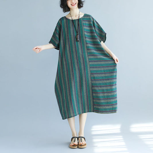 Vintage Green Linen Striped Asymmetrical Short Dresses-Dresses-JEWELRYSHEOWN