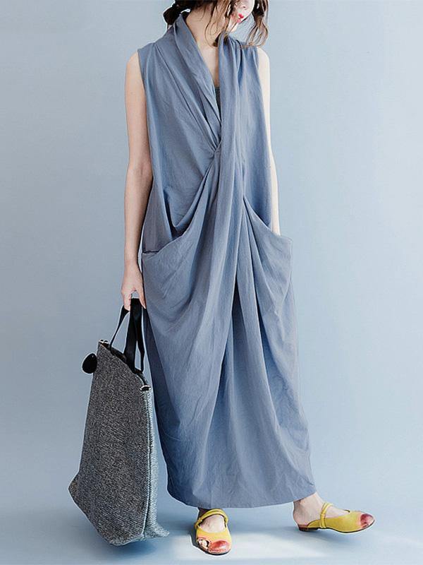 Loose Gray-blue Cropped Pockets Long Dress-Maxi Dress-JEWELRYSHEOWN