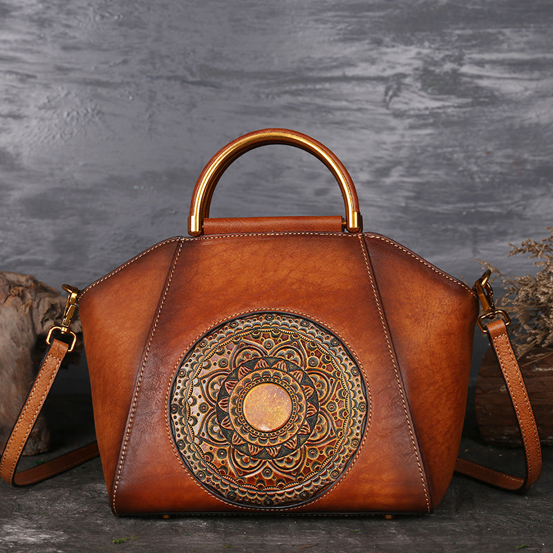 Vintage Totem Embossing Women Leather Tote Handbags 1156-Leather Bags for Women-Brown-Free Shipping Leatheretro