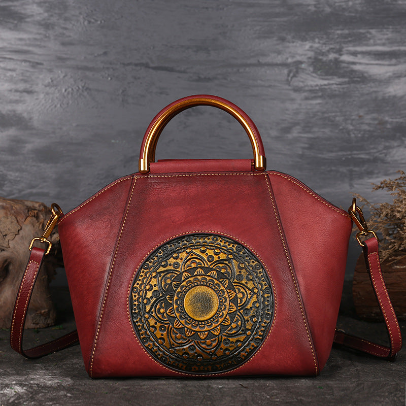 Vintage Totem Embossing Women Leather Tote Handbags 1156-Leather Bags for Women-Red-Free Shipping Leatheretro