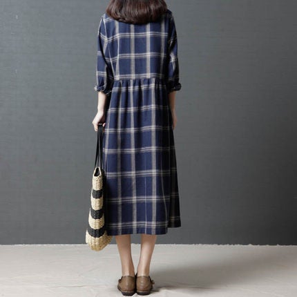 Vintage Linen Plaid Women Plus Sizes Long Dresses-Dresses-JEWELRYSHEOWN