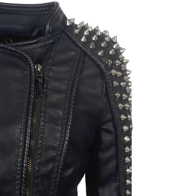 Black Punk Style Rivet Leather Jacket-STYLEGOING