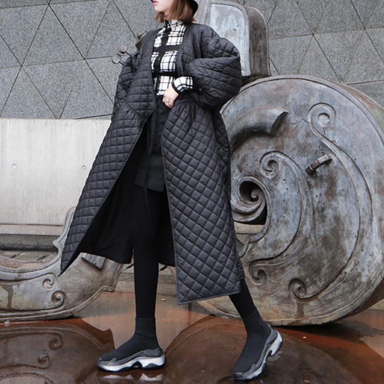 Black Women Puff Sleeves Rhombus Oversized Warm Winter Overcoat-Women Overcoat-JEWELRYSHEOWN