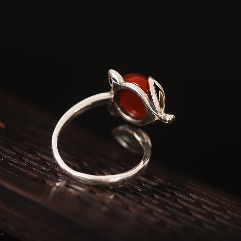 Antique Red Agate Fox Design Sliver Rings for Women-Rings-JEWELRYSHEOWN
