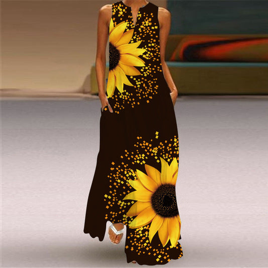 Summer Sunflower Boho Long Sleeveless Dresses-Dresses-JEWELRYSHEOWN
