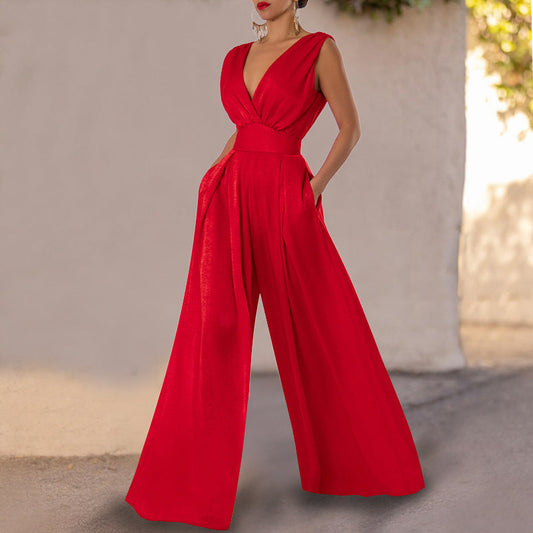 Summer Red Wide Straight Legs Jumpsuits for Women