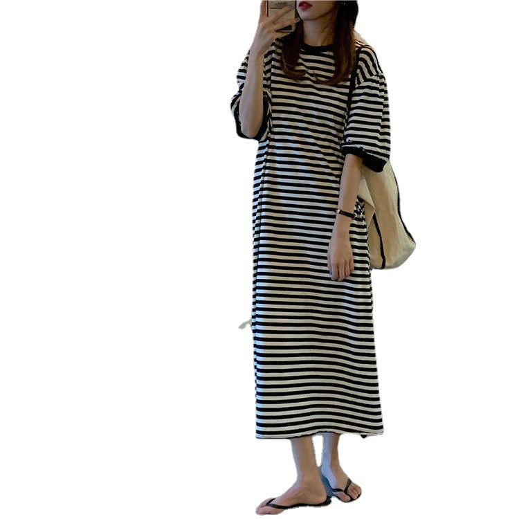 Designed Striped Summer Plus Sizes T Shirts Dresses-Dresses-JEWELRYSHEOWN