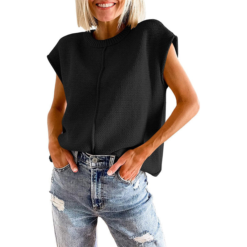 Casual Sleeveless Round Neck Knitted Vest-Shirts & Tops-Black-S-Free Shipping at meselling99