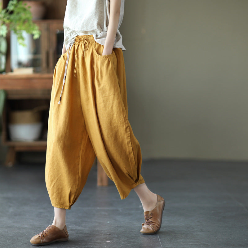 Vintage Elastic Waist Linen Summer Trousers for Women