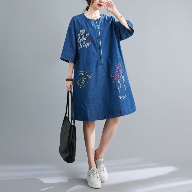 Ethnic Embroidery Plus Sizes Denim Midi Dresses-Dresses-JEWELRYSHEOWN