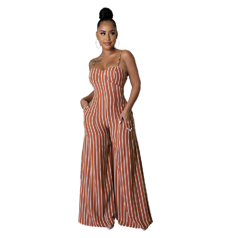 Sexy Backless Striped Wide Legs Jumpsuits