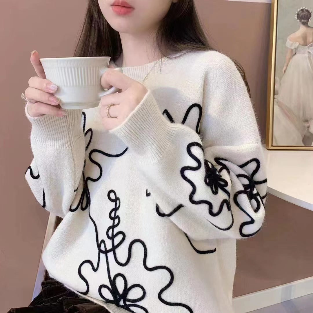 Fashion  3D Flowers Round Neck Knitted Sweaters