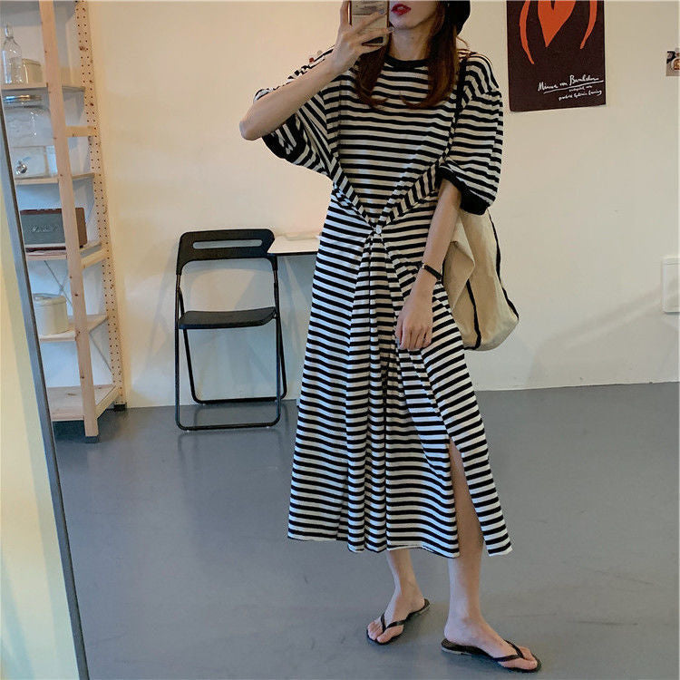 Designed Striped Summer Plus Sizes T Shirts Dresses-Dresses-JEWELRYSHEOWN