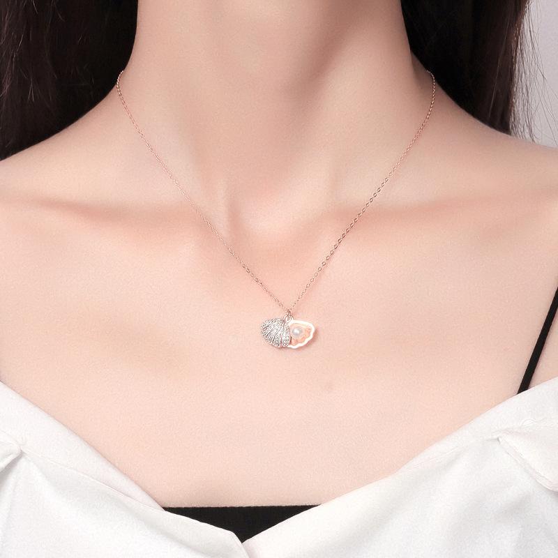 Women Fan Shaped Pearl Serling Sliver Necklace-Necklaces-JEWELRYSHEOWN