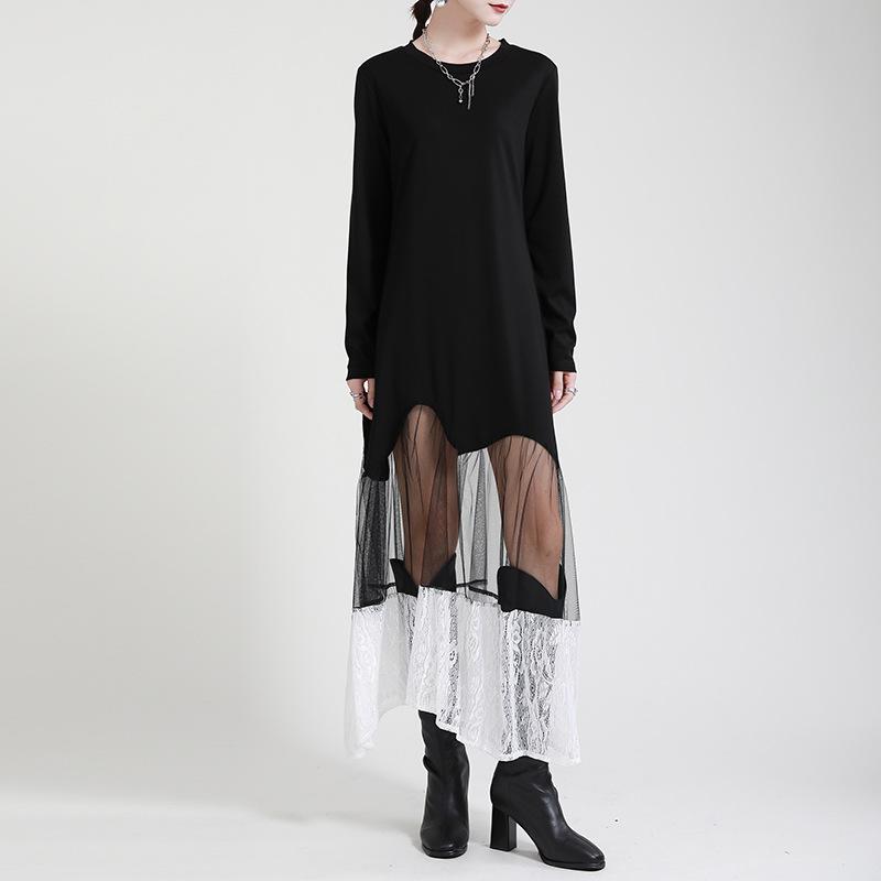 Black Women Irregular Lace Net Fall Long Dresses-Maxi Dresses-JEWELRYSHEOWN