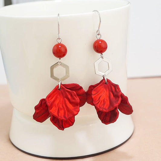 Red Petal Design Women Sterling Silver Dangle Earrings-Earrings-JEWELRYSHEOWN