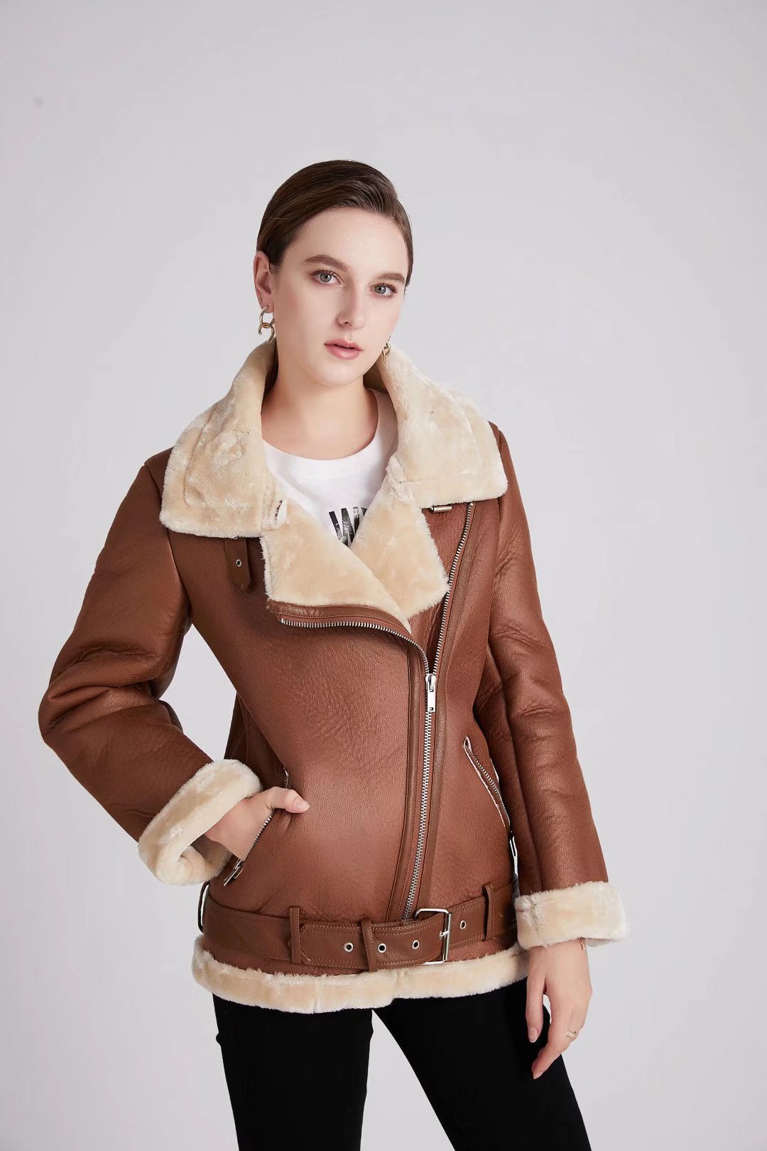 Fashion Winter Pu Leather with Fur Motorcycle Jacket Coats-Outerwear-Brown-A-XS-Free Shipping at meselling99